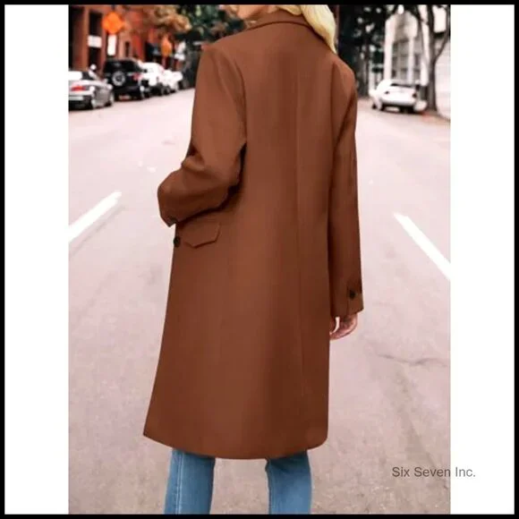 Notched Lapel Peacoat Loose Fit Trench Coat Classic Elegant Winter Outerwear - Picture 6 of 7